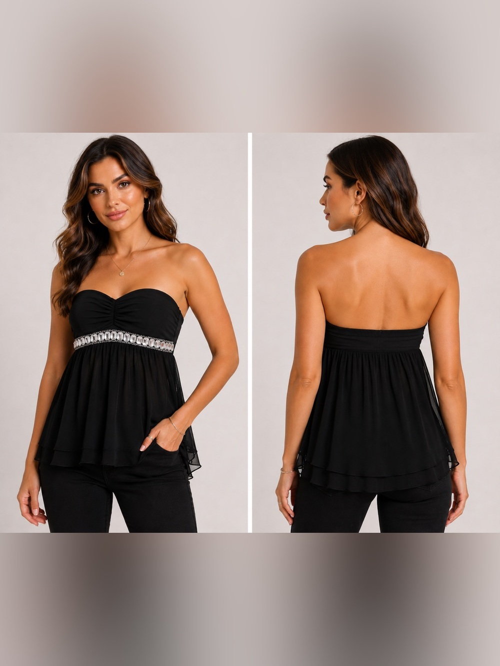 Y2K Elegant Black Strapless Blouse with Rhinestone Detailing